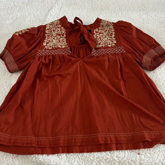 Free People Dreaming About You Tunic Boho Orange Embroidered Top Sz M Art Indie - Picture 2 of 6